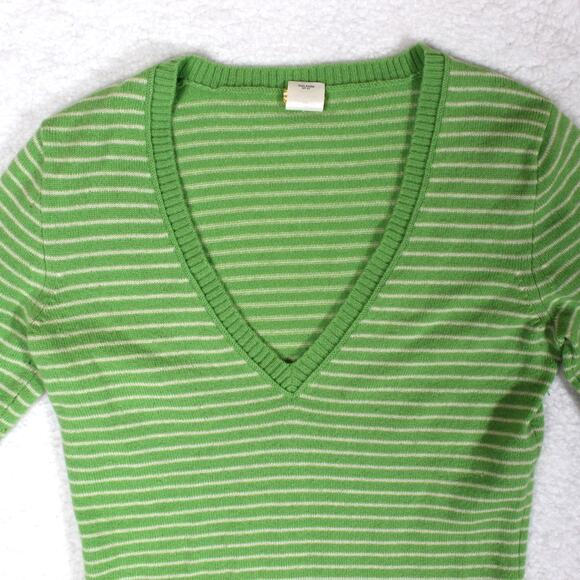 J Crew 100% Cashmere Sweater Women XS Green Striped Minimalist Y2K V Neck - Picture 2 of 6